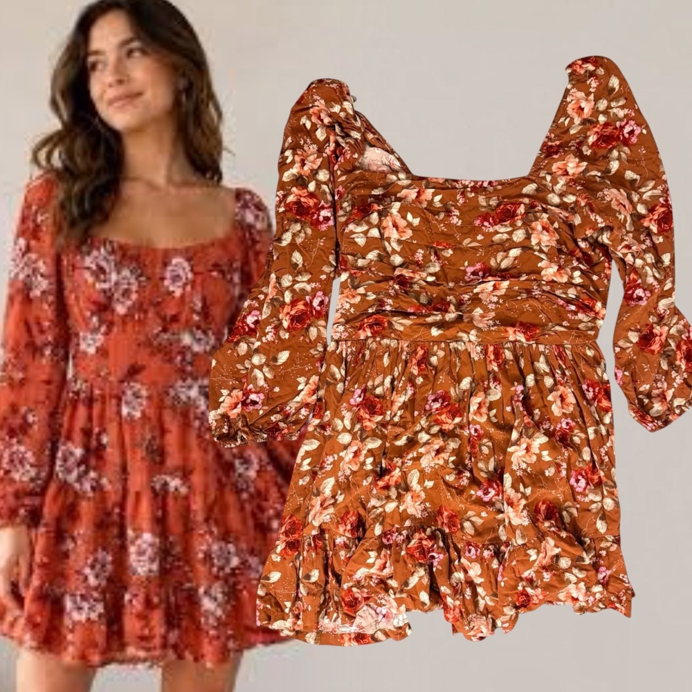 Arula Floral Square Neck Long Sleeve Tiered Mini Dress Rust Brown Size B
